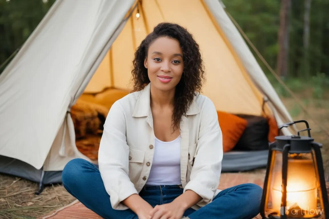 Smiling woman sitting in front of a glamping tent with lantern light — founder of eco-friendly travel guide for stress-free glamping planning.